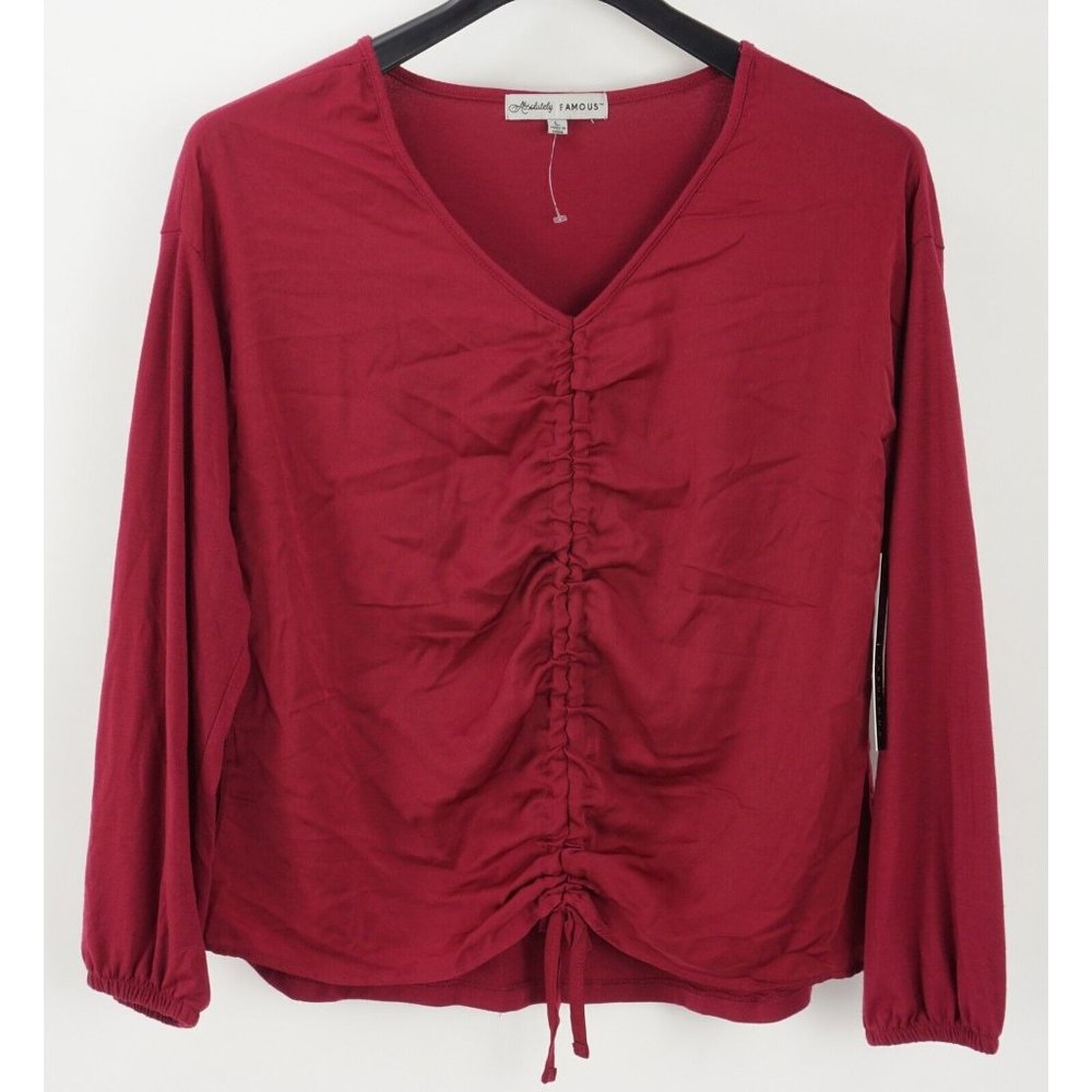 New Absolutely‎ Famous Women's Size L Red Jersey Ruched Tie Waist V-Neck Blouse